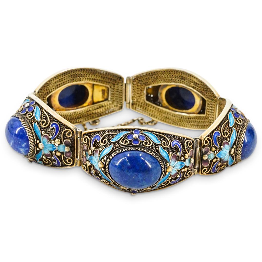 Antique Chinese Filigree Silver Lapis Lazuli & Enamel Bracelet (1 of 6)