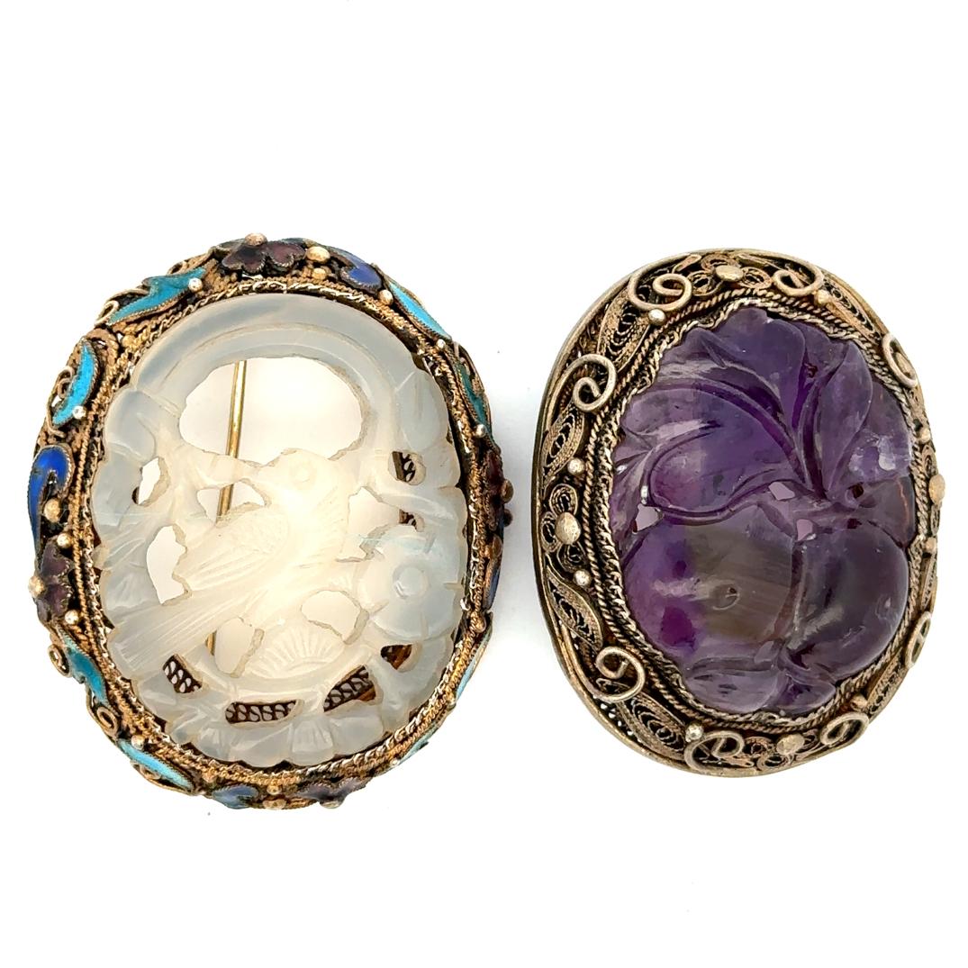 (2 Pc) Chinese Silver Filigree, Enamel and Inset Pendants (1 of 3)