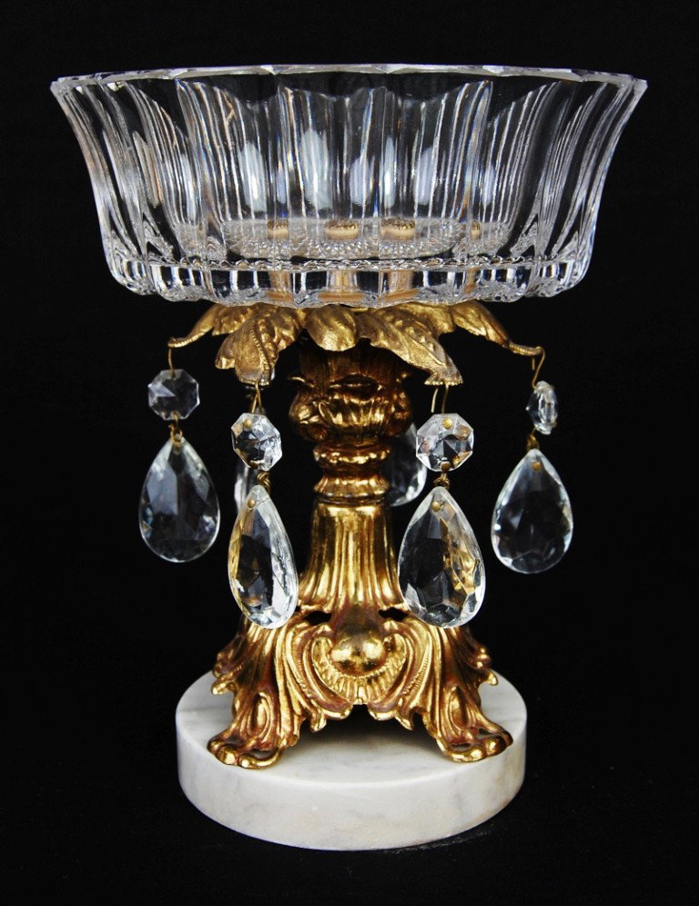 Crystal bon bon tray on a bronze and marble base: DESCRIPTION: Crystal bon bon tray on a bronze and marble base CIRCA: 1940s MADE IN: USA DIMENSIONS: H:8" L:6" RESERVE: None