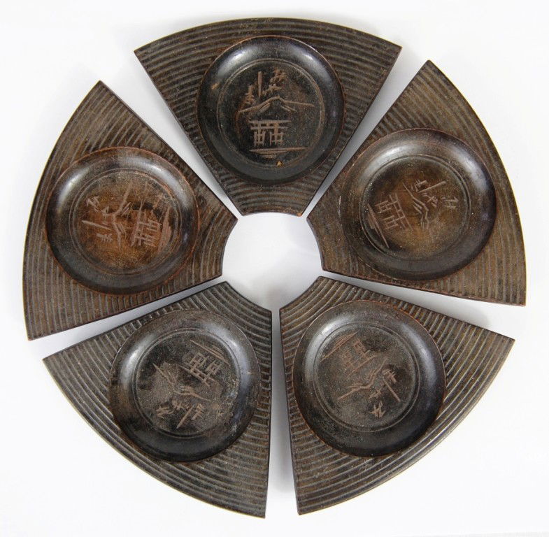 5 antique Chinese hand made wood coasters: DESCRIPTION: 5 antique hand made wood coasters CIRCA: 1880-1920s MADE IN: China DIMENSIONS: H:3.25 L:4.25" each RESERVE: None