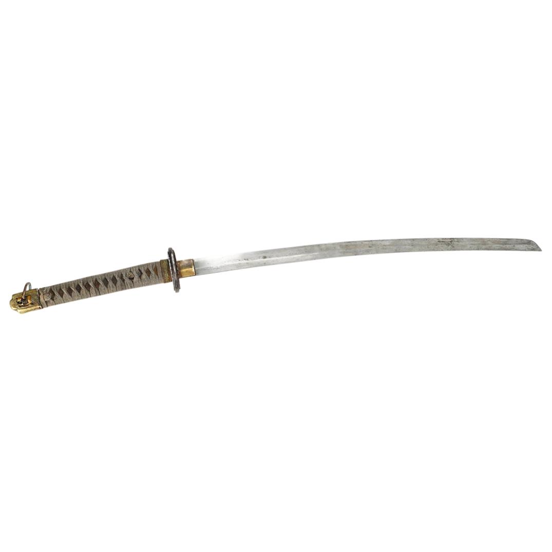 WWII Japanese Officers Kai Gunto Katana: DESCRIPTION: WWII Japanese officers kai gunto katana featuring a damascus steel blade, a shark skin wrapped handle, silver toned metal menuki with floral designs in relief, further floral designs in r