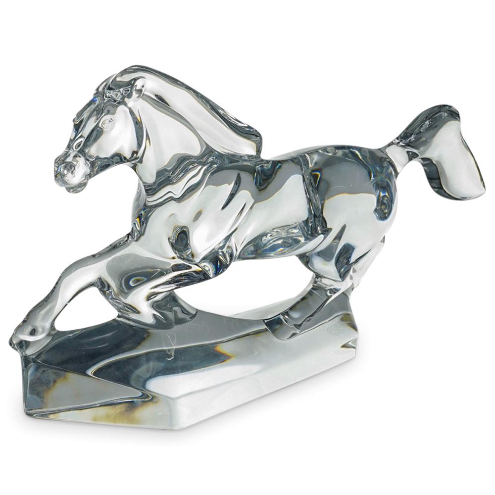 Baccarat Crystal Glass Horse: DESCRIPTION: Baccarat crystal glass figurine depicting a horse running. Hallmarked on underside with Baccarat logo. CIRCA: 20th Century ORIGIN: France DIMENSIONS: H: 5.75" W: 3" L: 8.75" - CONDITION: 