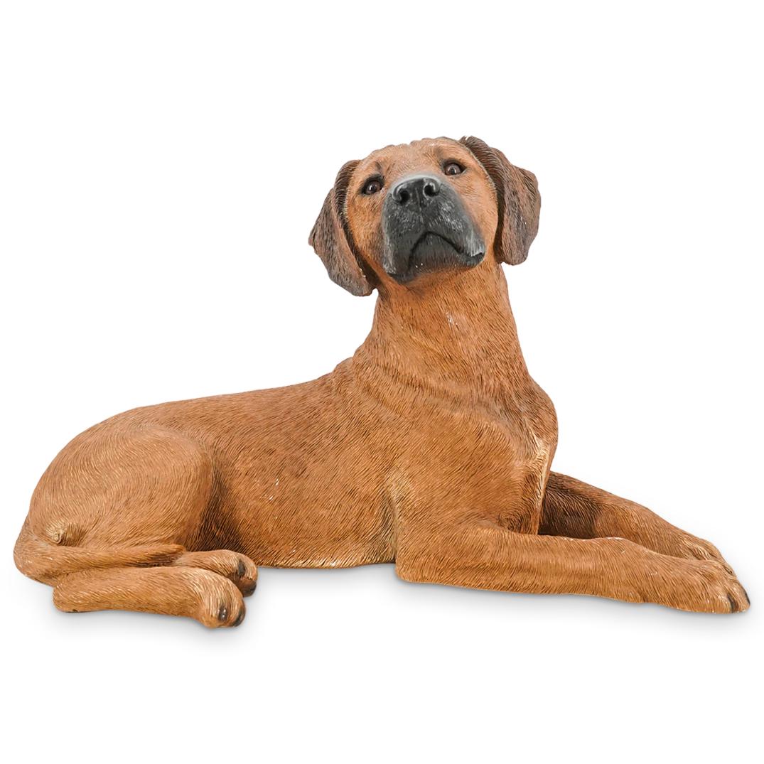 Sandicast Hand Painted Rhodesian Ridgeback Dog Sculpture: DESCRIPTION: A Sandicast hand sculpted and hand painted sculpture depicting a seated Rhodesian Ridgeback dog. With Sandicast label. CIRCA: 20th Century ORIGIN: USA DIMENSIONS: H: 6 1/2" W: 10" - CONDI