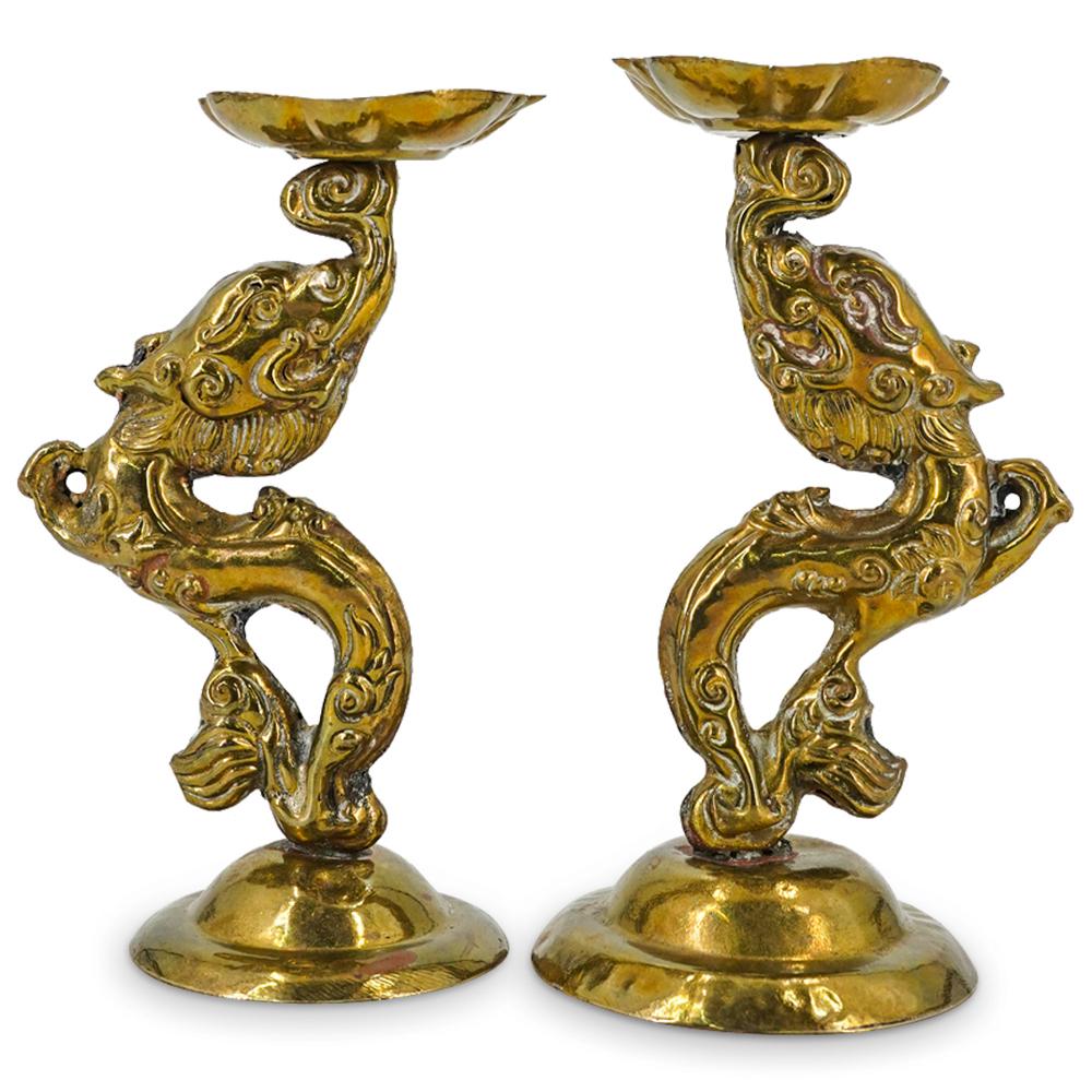 (2 Pc) Chinese Brass Dragon Fish Candle Holders (1 of 7)