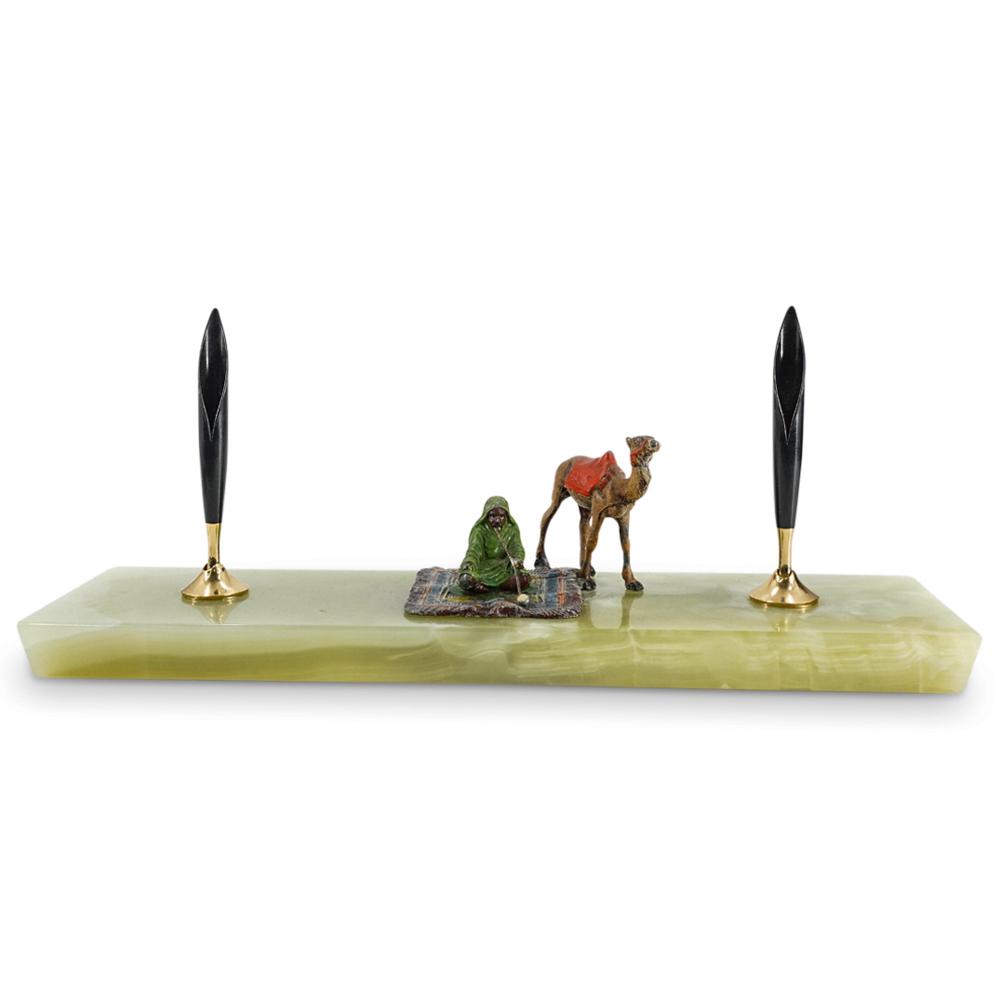 Orientalist Austrian Onyx Marble & Cold Painted Bronze Desk Pen Tray (1 of 5)