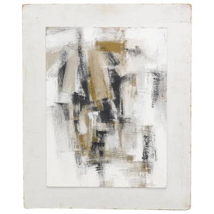 George Cohen (American, b. 1919) Casesin on Masonite Abstract Painting: DESCRIPTION: George Cohen (American, b. 1919) Casesin on masonite painting, tilted: "Avalanche" depicting an abstract composition, signed lower right: "G. Cohen" Verso with labels from "Angeleski Gall