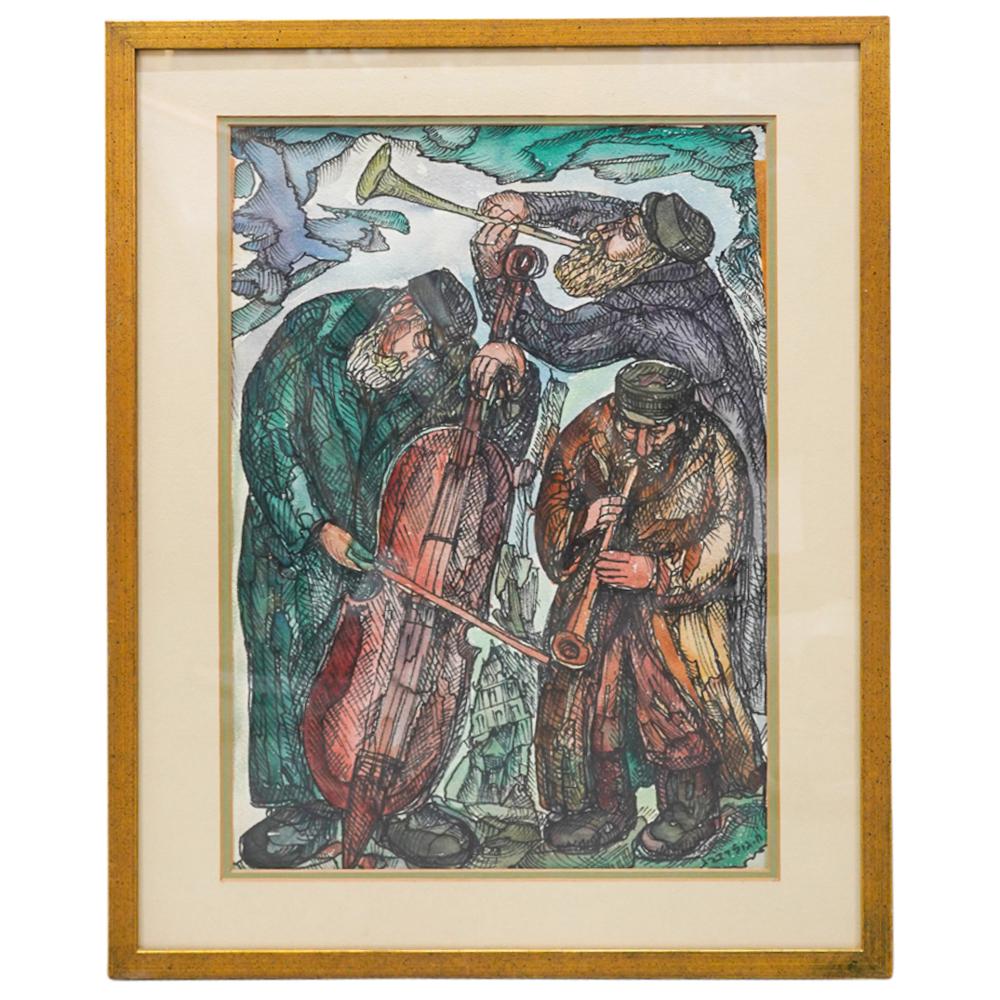 Chaim Goldberg (1917-2004) Three Shtetl Musicians Gouache (1 of 7)