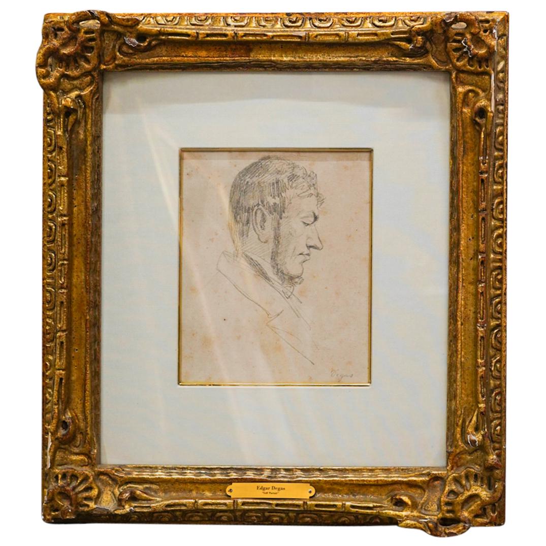 After Edgar Degas " Self Portrait " Pencil On Paper: DESCRIPTION: After Edgar Degas " Self Portrait " sign by artist with pencil lower right side. CIRCA: 20th Century ORIGIN: European DIMENSIONS: ( height: 7 inch, width: 6 inch) framed ( height: 17 inch
