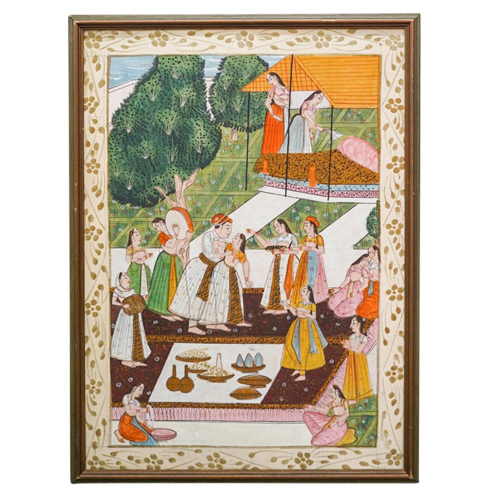 Antique Indian Mughal Painting on Linen: DESCRIPTION: An antique Indian Mughal painting on linen featuring several figures partaking in traditional celebration with courtyard details. Mounted in frame. CIRCA: Early 20th Century ORIGIN: India