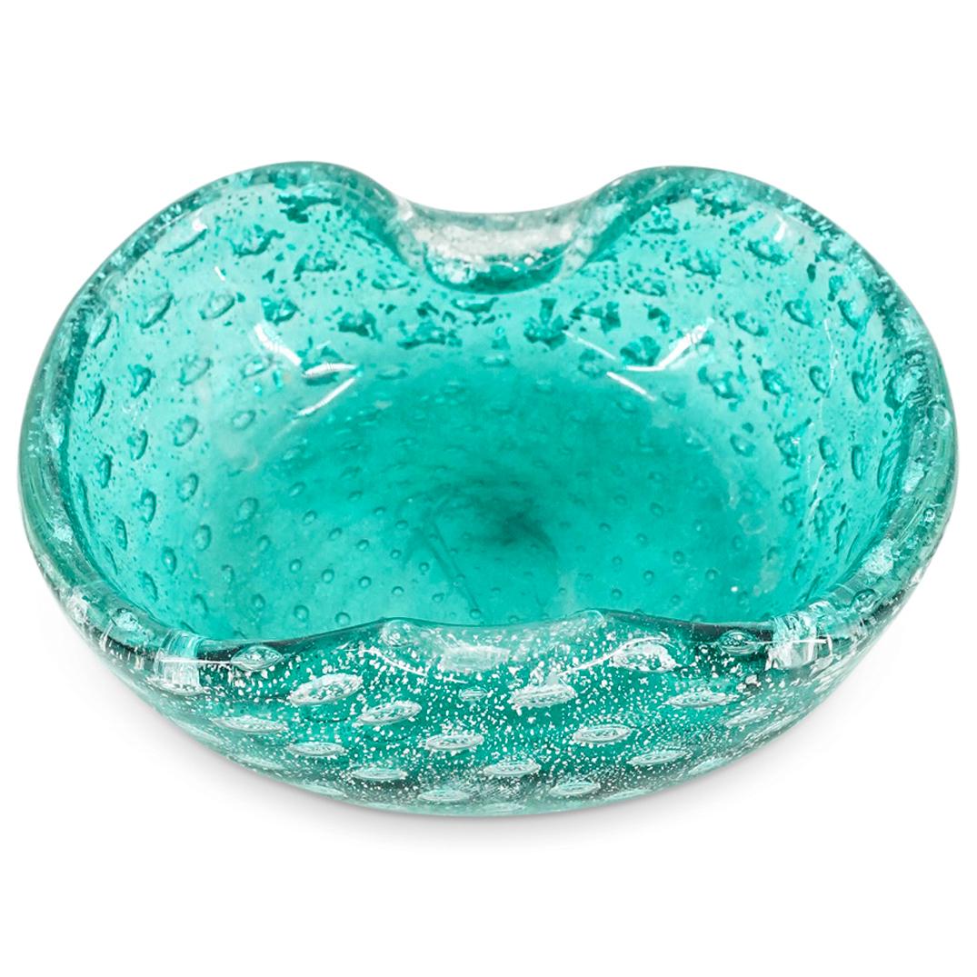 Murano Art Glass Bullicante Ashtray: DESCRIPTION: Murano Art Glass bullicante ashtray in translucent teal blue glass with infused silver specs and controlled bubbles bullicante motifs. CIRCA: 20th Century ORIGIN: Italy DIMENSIONS: H: 2" 