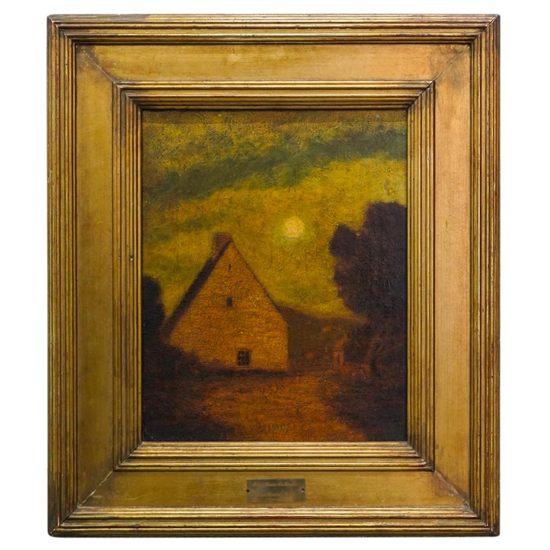 Albert Pinkham Ryder (1847-1917) 'Slone House In Autumn' Oil on Canvas Painting: DESCRIPTION: Albert Pinkham Ryder (American, 1847-1917) Oil on canvas painting titled: 'Slone House In Autumn' featuring the depiction of a rural landscape with cottage and sun lit sky details, signat