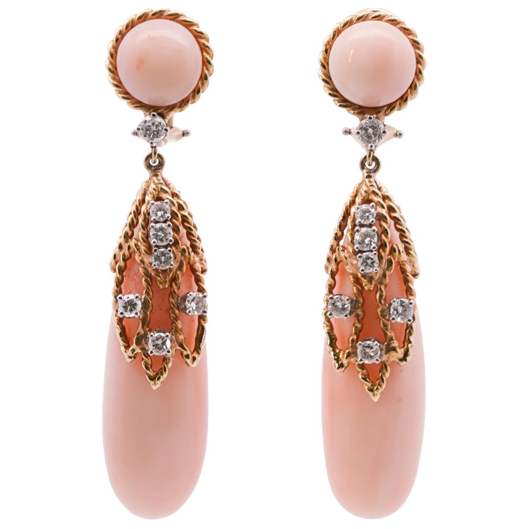 Pair of French 18k Gold, Coral and Diamond Drop Earrings (1 of 3)