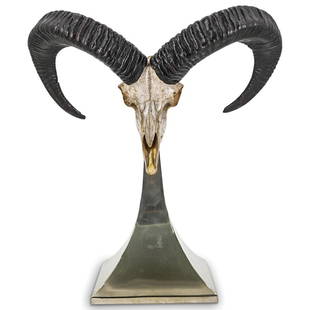 Anthony Redmile Designer Silver Plate Mounted Ibex Skull: DESCRIPTION: Anthony Redmile designer Ibex skull with large horns, mounted to a square and tapered, silver plated pedestal stand. CIRCA: 1970s ORIGIN: Italy DIMENSIONS: H: 21.5" x W: 10" x L: 22" COND