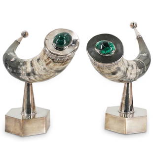 Anthony Redmile Designer Silverplate Mounted Shofar Horns: DESCRIPTION: Anthony Redmile pair of designer silver plated mounted shofar horns with each adorned with malachite medallions, raised on hexagonal bases. Impressed at base edge: "Anthony Redmile" CIRCA