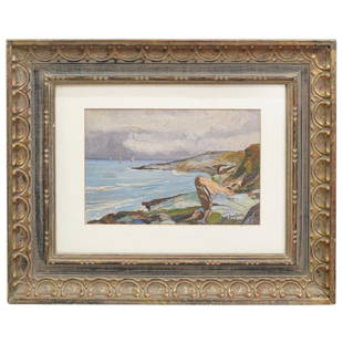 Paul Dougherty (1877-1947) Impressionist Coastal Landscape Oil Painting: DESCRIPTION: Paul Dougherty (1877-1947) Oil on canvas panel painting depicting a coastal landscape with craggily rock shore, ocean water, and distant sailing vessel details, executed in an impressioni