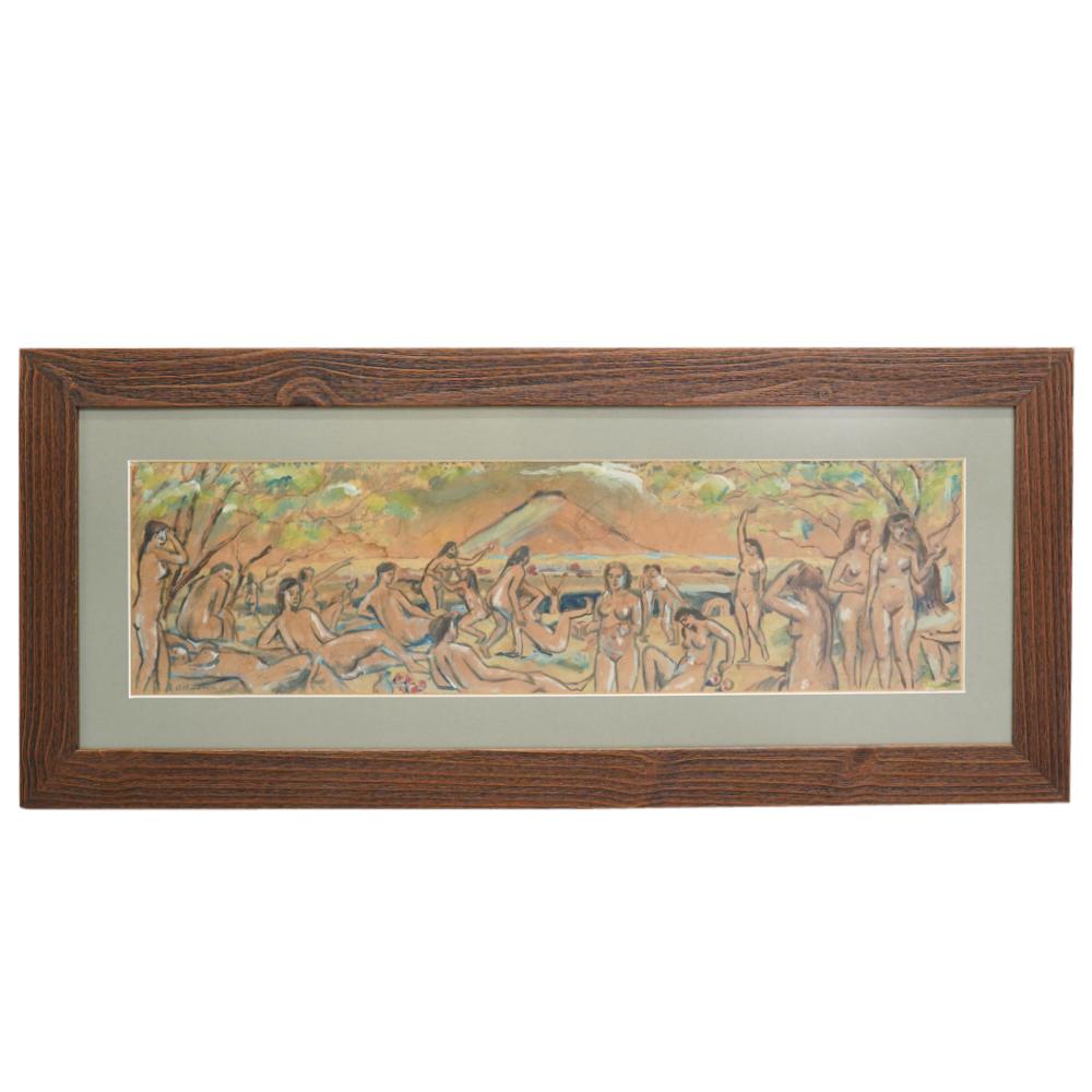 Achille-Emile Othon Friesz (French, 1879-1949) Figural Nude Gouache on Paper Painting: DESCRIPTION: Achille-Emile Othon Friesz (French, 1879-1949) Gouache on paper painting depicting a landscape full of figural nudes, signed lower left, mounted in wood grain frame. CIRCA: Early to mid 2
