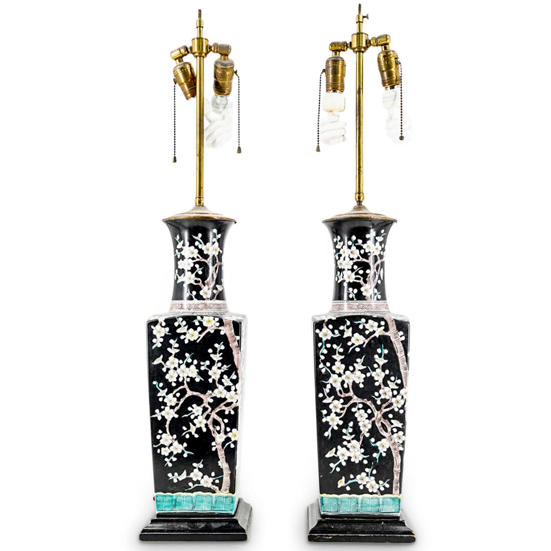 Pair of Chinese Porcelain Famille Noire Vase Lamps (1 of 10)