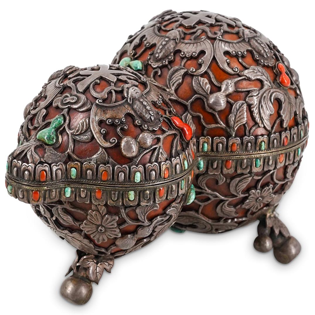 Sino-Tibetan Coral & Turquoise Gourd Box: DESCRIPTION: A most unusual Sino-Tibetan tripod covered box fashioned from a generous double gourd, a symbol throughout the Far East of abundance. Created to hold precious objects, the embellishment o