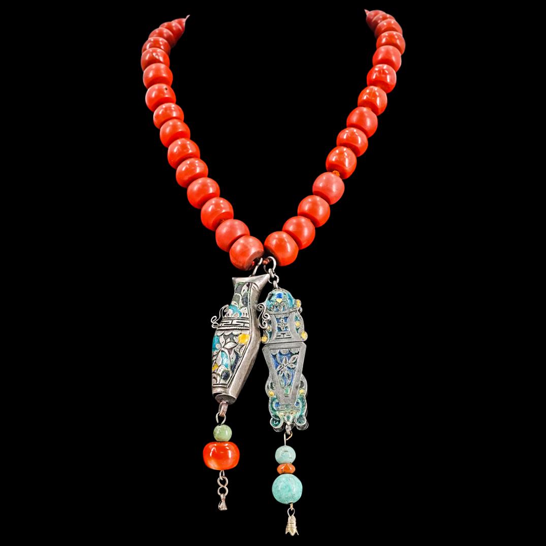 Antique Indo Persian Coral, Turquoise and Silver Enamel Necklace (1 of 4)