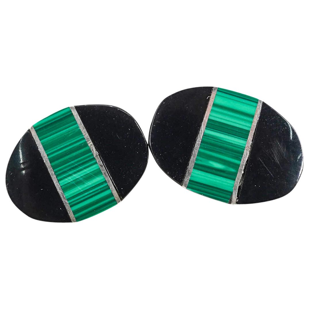 Pair Vintage Mexican Sterling Silver, Malachite And Onyx Earrings: DESCRIPTION: Pair of vintage Mexican sterling silver, malachite and onyx earrings. Each hallmarked on verso with "MEXICO TN-2H 925". CIRCA: 20th Century ORIGIN: Mexico DIMENSIONS: H: 0.75" W: 0.25" L: