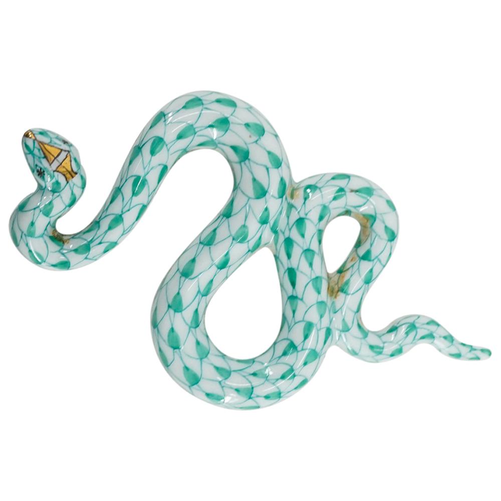 Herend Porcelain "Snake" Miniature Green Fishnet Figurine: DESCRIPTION: Herend porcelain miniature figurine of a "Snake" embellished in a green hued fishnet pattern. Finished with gilded accents. Style:#15330. Marked along the underside with Herend stamps. CI