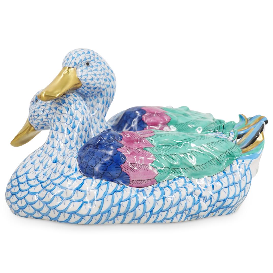 Large Herend Porcelain "Pair Of Ducks" Blue Fishnet Figurine (1 of 8)