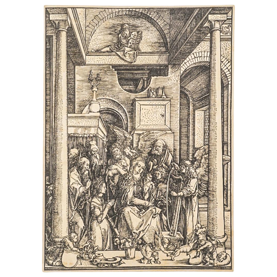 19th Century Albrecht Durer "The Glorification Of The Virgin" Woodcut: DESCRIPTION: Antique woodcut of "The Glorification of the Virgin" by Albrecht Durer depicting the madonna and Child surrounded by various Biblical and angelic figures in a neoclassical building. Bears