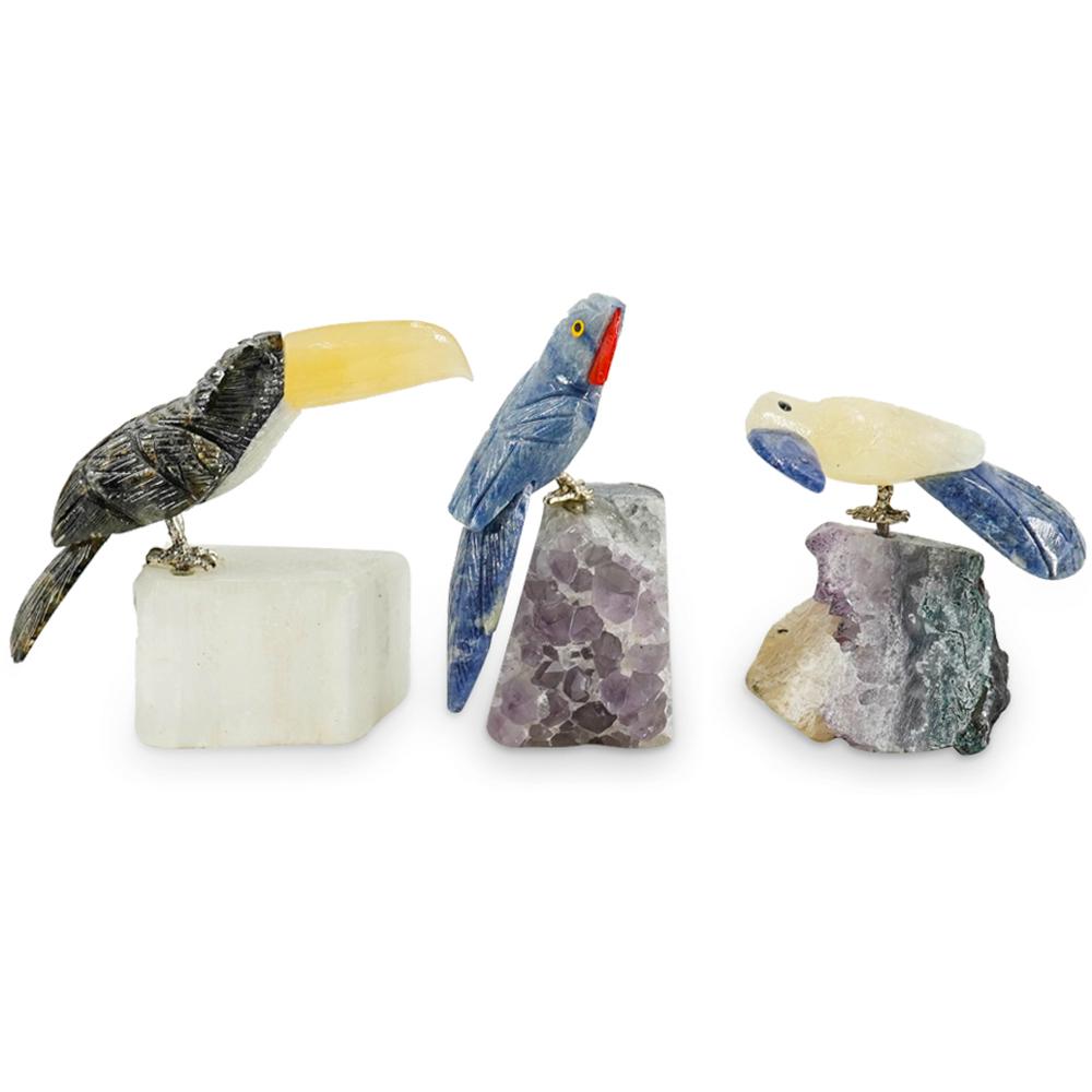 (3 Pc) Carved Gemstone Tropical Bird Statues (1 of 9)
