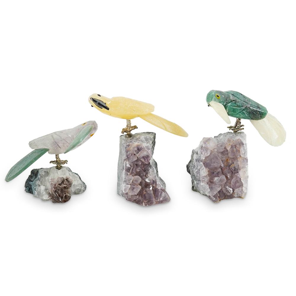 (3 Pc) Carved Gemstone Tropical Bird Statues (1 of 9)