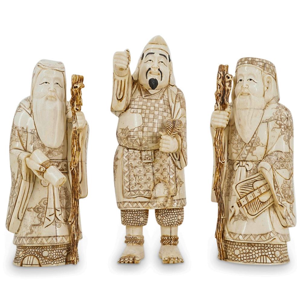 (3 Pc) Chinese Carved Bone Figural Sculptures: DESCRIPTION: (3 Pc) A grouping set of three (3) Chinese carved bone sculptures featuring assorted Japanese figures. This set includes: two (2) wise men figures, and one (1) male figure. All figures ar