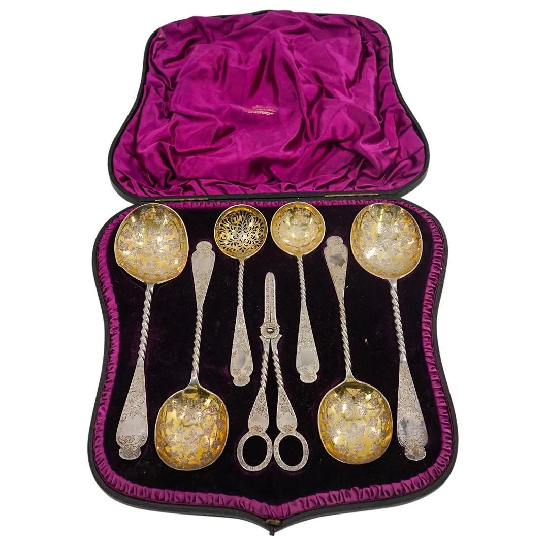 (7 Pc) Antique English Sterling Silver Serving Set In Box (1 of 3)