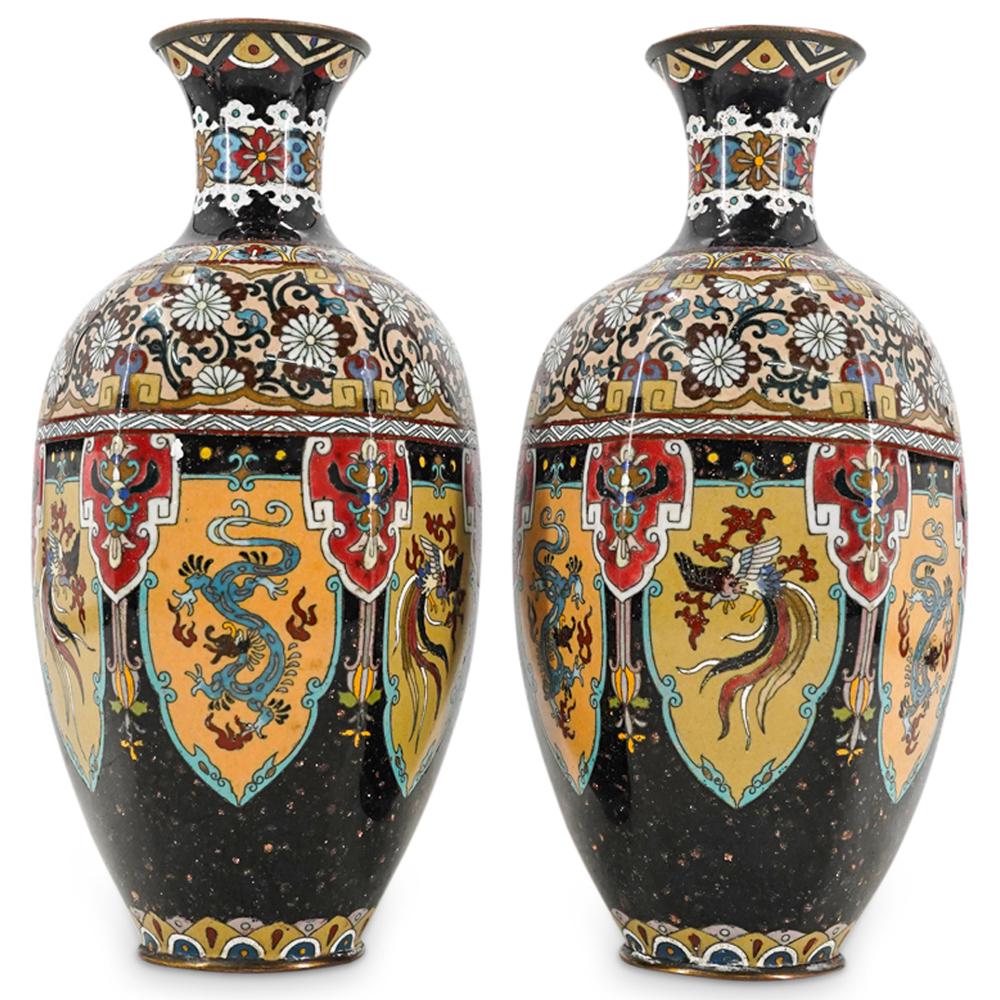 Pair Of Antique Japanese Dragon And Phoenix Hexagonal Vases (1 of 6)