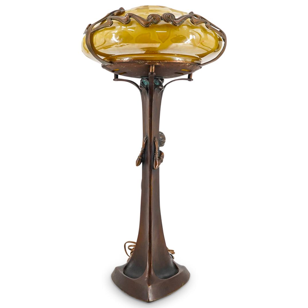 Art Nouveau Figural Bronze & Iridescent Glass Lamp (1 of 14)