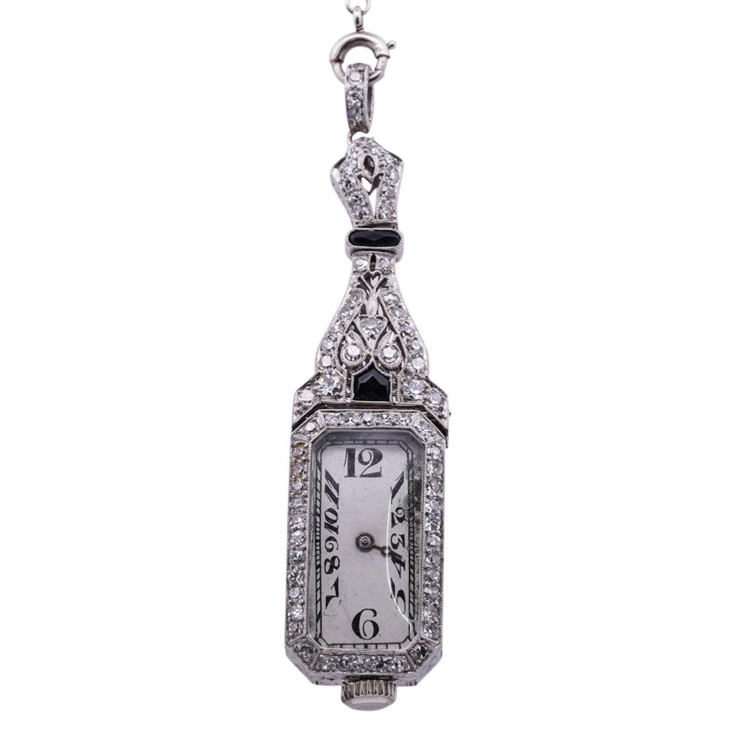 Art Deco French 18k Gold, Diamond and Onyx Pendant Watch (1 of 5)