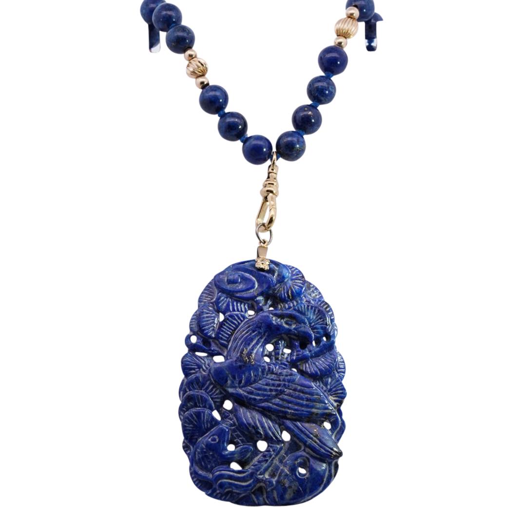 Chinese Carved Lapis and 14k Gold Necklace (1 of 4)