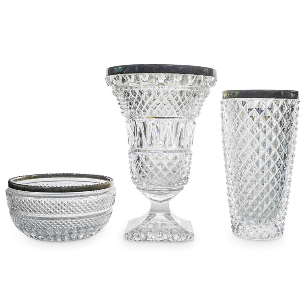 (3 Pc) Antique German Cut Crystal & Sterling Silver Vases (1 of 13)