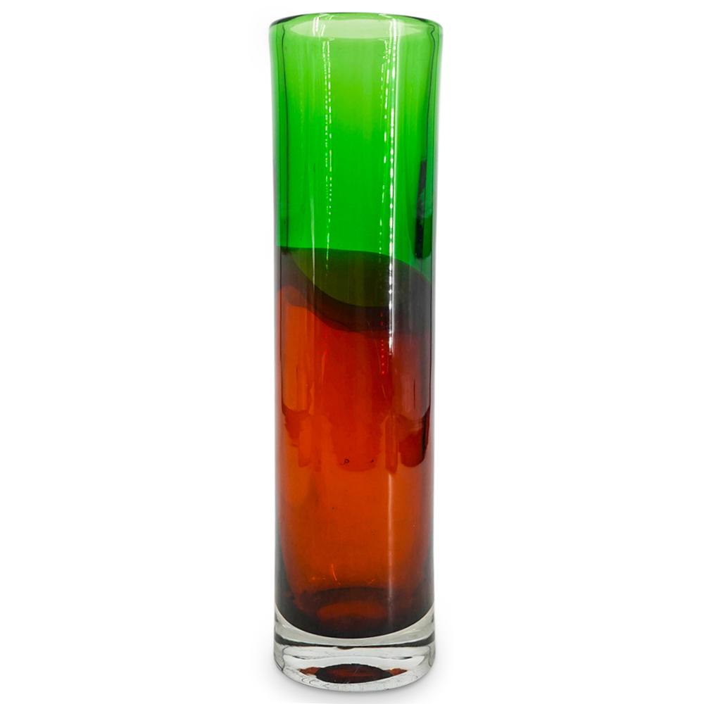 Venini Style Murano Glass Vase: DESCRIPTION: A Murano glass vase in the manner of Venini with green to orange color tones. Polished pontil at underside. CIRCA: 20th Century ORIGIN: Italy DIMENSIONS: H: 14" x D: 3.75" - CONDITION: Mi