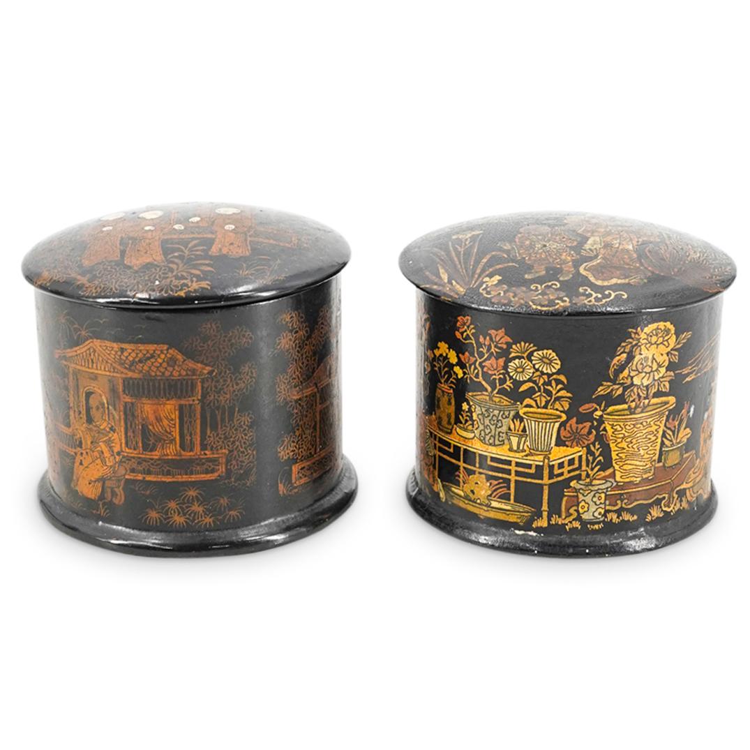 Pair Of Antique English Black Lacquered Chinoiserie Boxes (1 of 14)