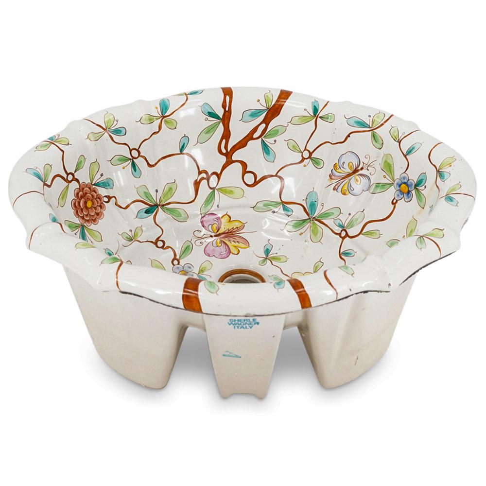 Vintage Italian Sherle Wagner Porcelain Sink: DESCRIPTION: Sherle Wagner porcelain sink for installation in bathroom or similar location. Piece is decorated in its bowl with blossoming branches populated by polychrome butterflies. Marked on side