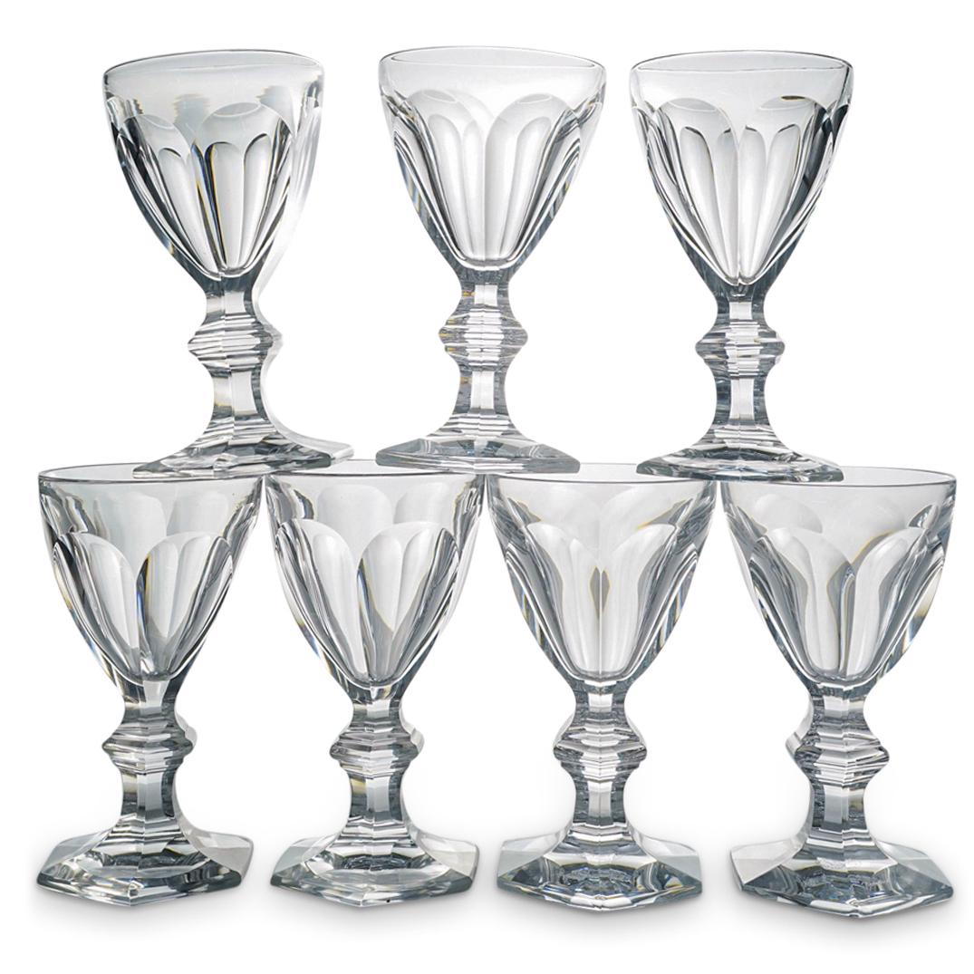 (7 Pc) Baccarat Crystal "Harcourt-Versailles" Port Wine Glasses Set: DESCRIPTION: (7 Pc) Baccarat crystal port wine glasses grouping set in the "Harcourt-Versailles" cut crystal pattern, depicting cut panel designs on the bowl and a multi-side pattern on the foot. This
