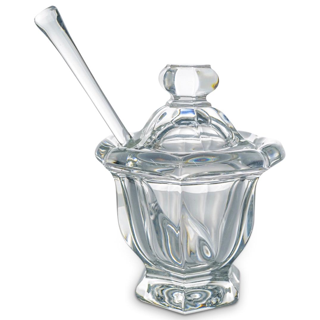 (2 Pc) Baccarat Crystal "Bretagne" Lidded Mustard Bowl W/ Spoon (1 of 6)