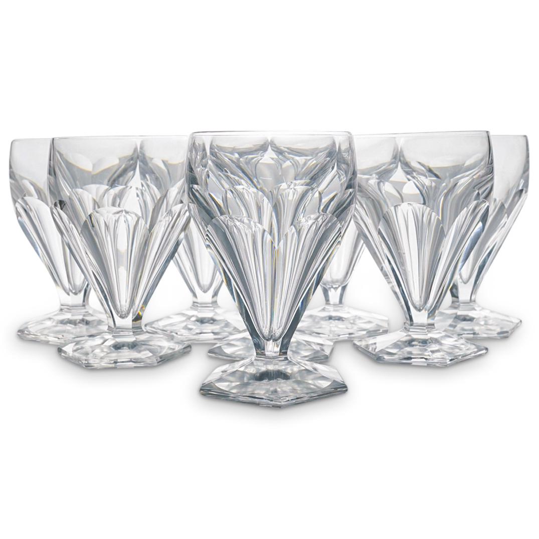 (8 Pc) Baccarat Style Crystal "Bourbon" Grouping Set: DESCRIPTION: (8 Pc) Baccarat style crystal footed wine glasses grouping set in the style of the Baccarat "Bourbon" cut crystal pattern, depicting cut panel designs on the bowl and hexagonal foot. This