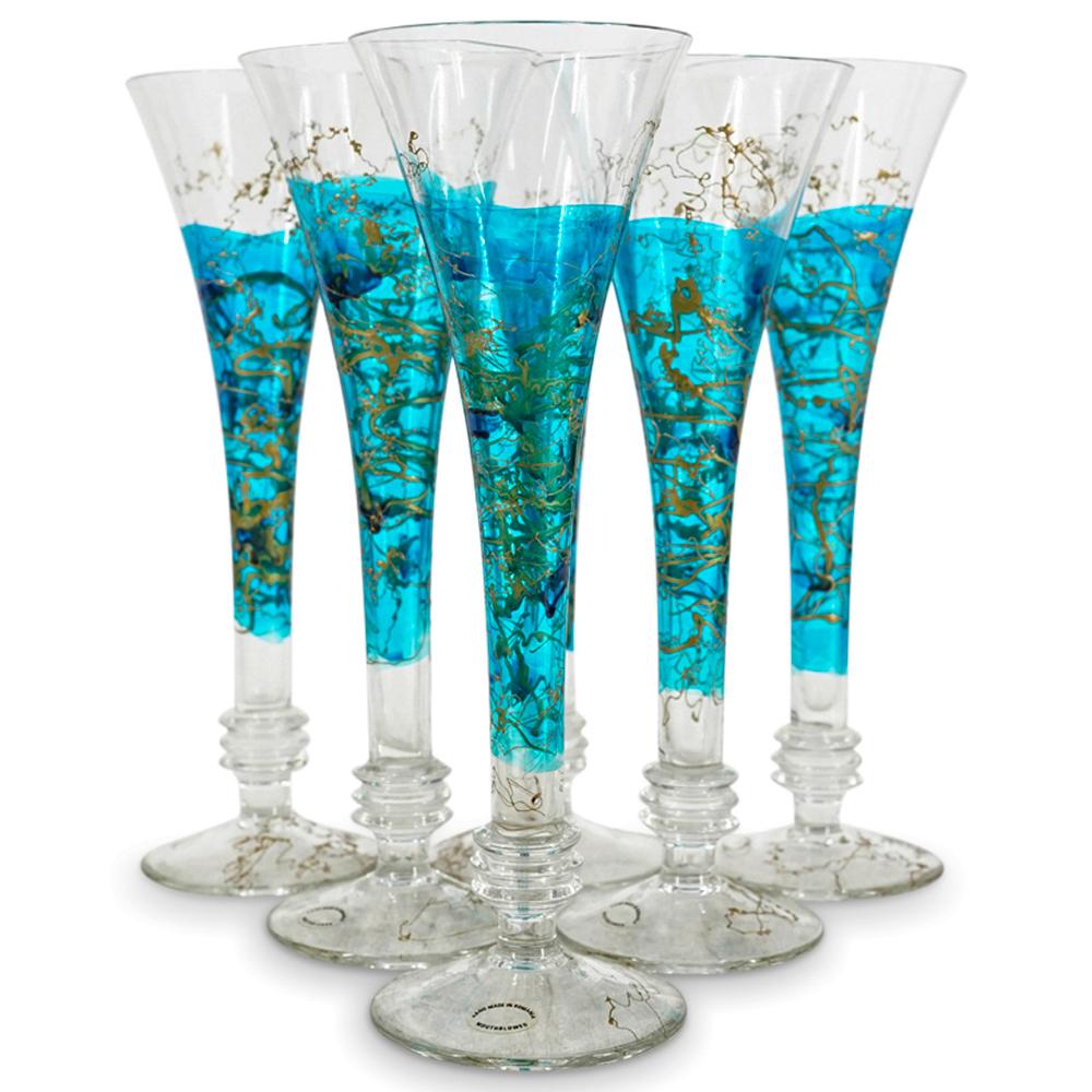 (6 Pc) Romanian Mouth Blown Crystal Champagne Flutes (1 of 10)