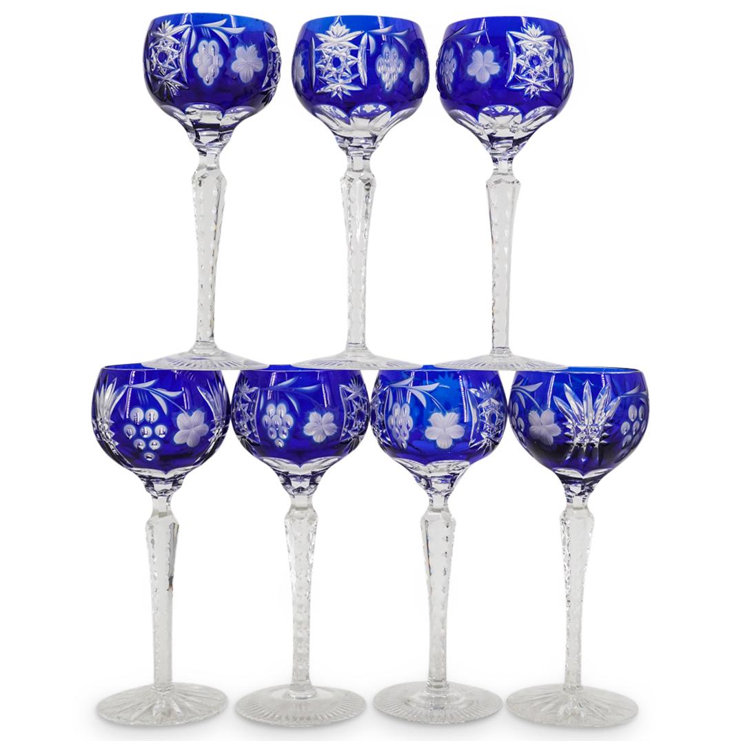(7 Pc) Bavarian Cobalt Crystal Hock Wine Glasses: DESCRIPTION: (7 Pc) German Bavarian cobalt blue to clear cut crystal hock wine glasses set. These liquor glasses are decorated in the style of Nachtmann "Grapes (Traube)" pattern. This set includes se