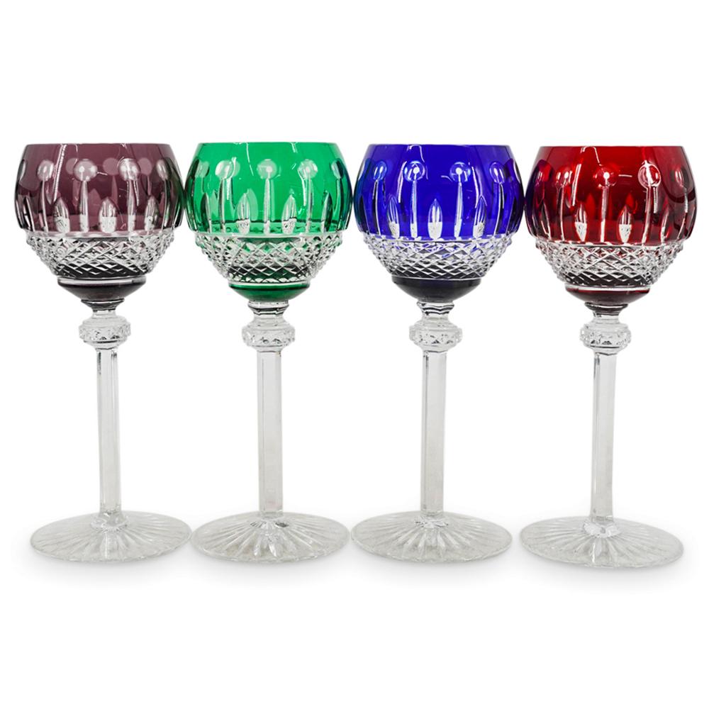 (4 Pc) Godinger Cut Crystal Hock Wine Glasses: DESCRIPTION: (4 Pc) Godinger color to clear cut crystal hock wine glasses set. These liquor glasses are decorated in the "King Louis" pattern, with cut to clear criss-cross and vertical cuts motifs on