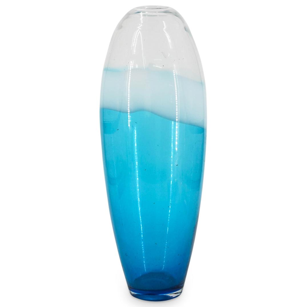 Italian Murano Art Glass Vase: DESCRIPTION: Italian Murano art glass vase designed with an elongated oval shape form and narrow neck, in a combination of celeste blue, white and translucent glass. CIRCA: 20th Century ORIGIN: Italy 