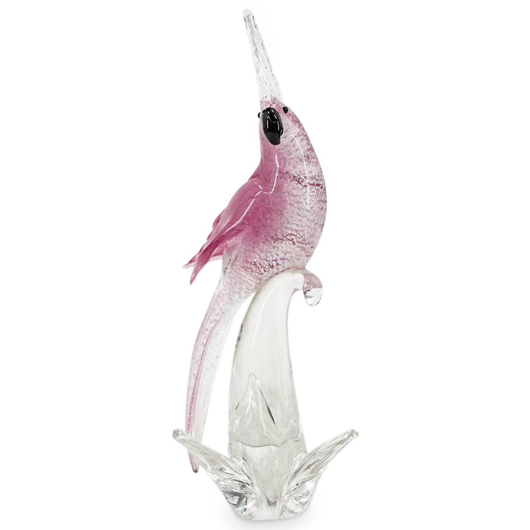 Formia Murano Cockatoo Art Glass Bird Sculpture: DESCRIPTION: 1980s Italian Murano Pink and Silver Aventurine Sommerso Cockatoo Art Glass Bird Sculpture. By Formia (Fornace Mian). The main body is a soft pink that is accented with a layer of Aventur