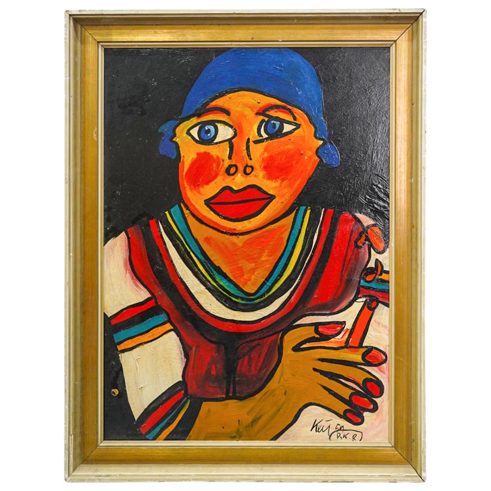 1959 Peter Keil (Germany, 1942) Portrait Painting On Canvas: DESCRIPTION: Peter Keil (Germany, 1942) original abstract painting on canvas depicting the portrait of a woman in vivid colors. She is portrayed with painted red nails, holding a cigarette with her ri