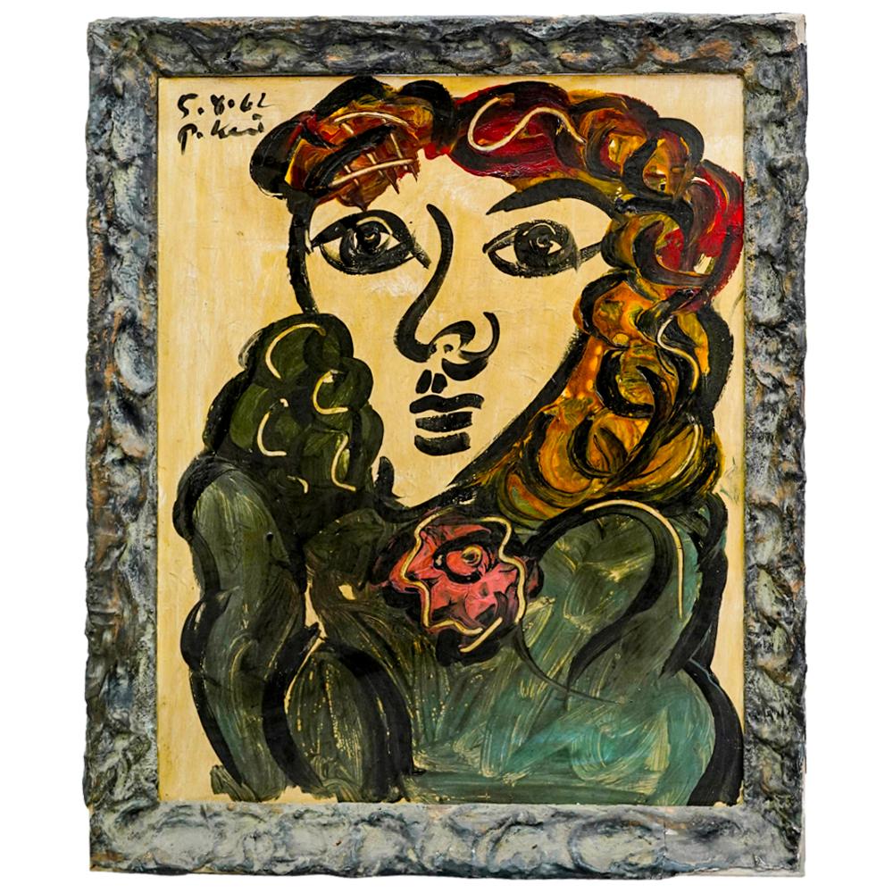 Peter Keil (Germany, 1942) "Spanish Lady" Painting On Board: DESCRIPTION: Peter Keil (Germany, 1942) original painting on board titled "Spanish Lady". Depicts a female portrait. Signed "P. Keil" on the left upper corner. Titled on verso. Framed. German painter