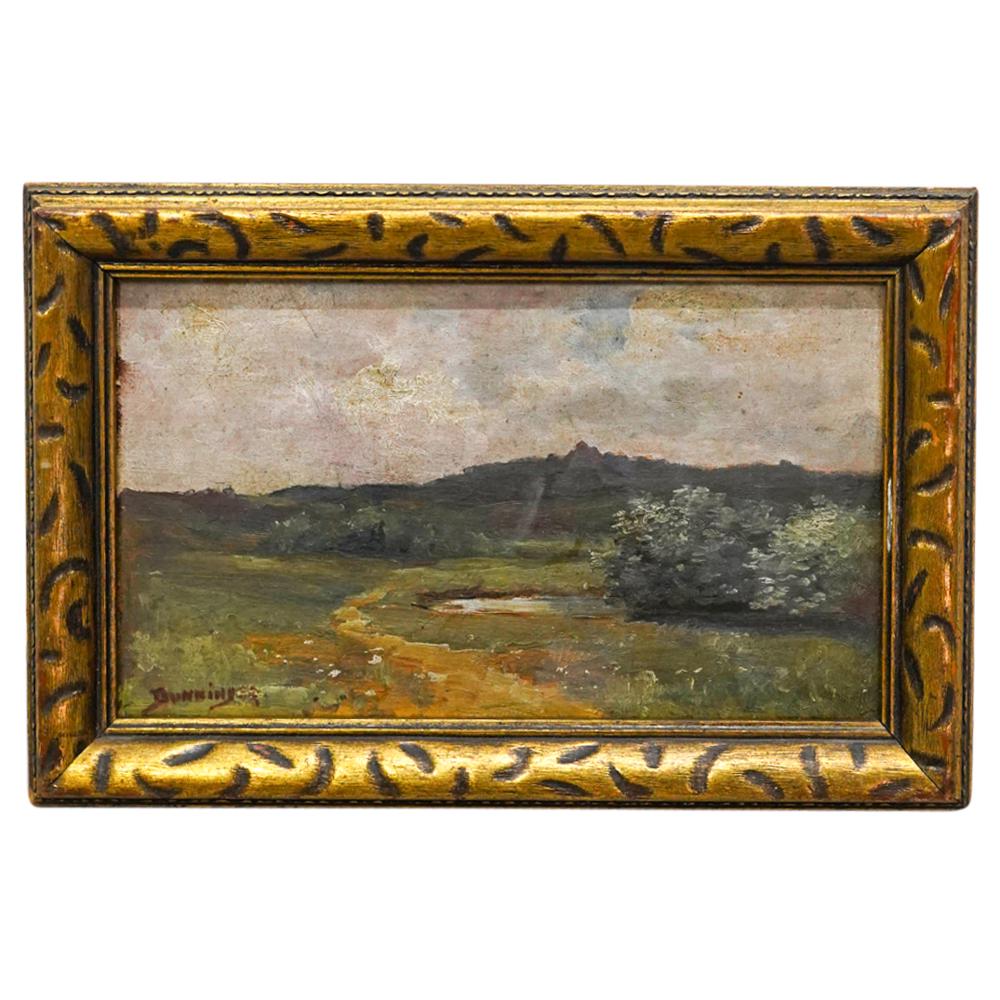 Signed Dunninger Impressionist Landscape Oil On Board: DESCRIPTION: Oil on board impressionist painting depicting a landscape cut by a stream and populated by woods and trees with mountains in the distance. Signed "Dunninger" at lower left. Mounted in a g